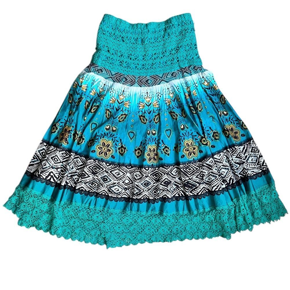 Vintage Shoreline A-Line Midi Skirt Medium Mixed Floral Crochet Boho Hippie